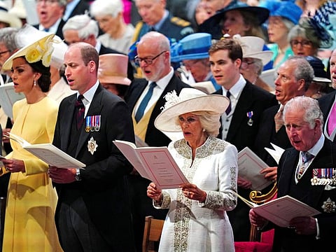 Britain's Catherine, Duchess of Cambridge, Prince William, Camilla, Duchess of Cornwall and Prince Charles attend the National Service of Thanksgiving held at St Paul's Cathedral, during Britain's Queen Elizabeth's Platinum Jubilee celebrations, in London, Britain, June 3, 2022.