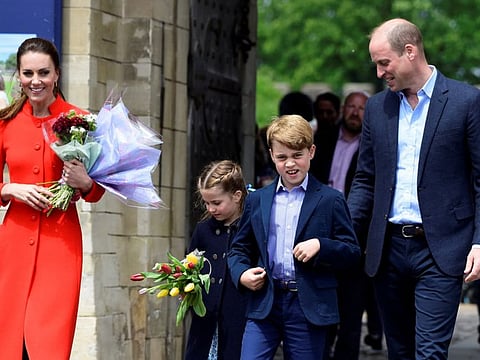 Britain's Prince William and Catherine, Duchess of Cambridge, leave Cardiff Castle with their children Princess Charlotte and Prince George, during the Queen Elizabeth's Platinum Jubilee celebrations in Cardiff, on June 4, 2022.