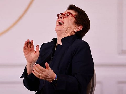 Former US tennis star and equal rights advocate Billie Jean King laughs before she is awarded with the Legion d'Honneur, France's chief honour, by French President Emmanuel Macron (not pictured) at the Elysee Palace, in Paris, France.
