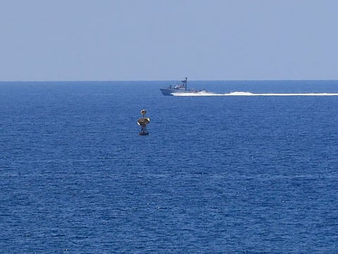 An Israeli Navy vessel patrols in the Mediterranean Sea, while Lebanon and Israel resumed indirect talks over their disputed maritime border with U.S. mediation, off the southern town of Naqoura, Monday, June 6, 2022. The Lebanese government invited on Monday a U.S. envoy mediating between Lebanon and Israel over their disputed maritime border to return to Beirut as soon as possible to work out an agreement amid rising tensions along the border.