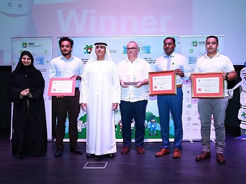 Sheikh Salem bin Sultan bin Saqr Al Qasimi (third from left) and Habiba Al Mar’ashi (L) honoured winners during the ceremony