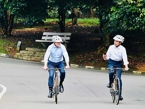 Indonesian President Joko Widodo talks with Australian Prime Minister Anthony Albanese as they ride bicycles during their meeting in Bogor, Indonesia, June 6, 2022.