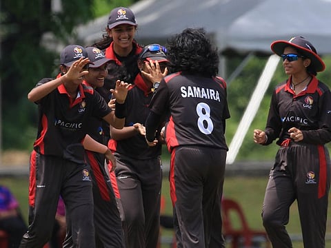 UAE players, including Mahira Gaur, celebrate a wicket against hosts Malaysia in the ICC Women's Under-19 World Cup Asia Qualifier in Malaysia on Monday.