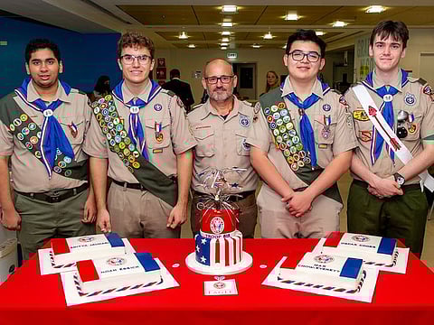 (L to R) Aditya Jauhari, Noah Essick, Sean Riordan (Scoutmaster, Troop 813), Max Chow Everett, and Oscar Codes-Bodien