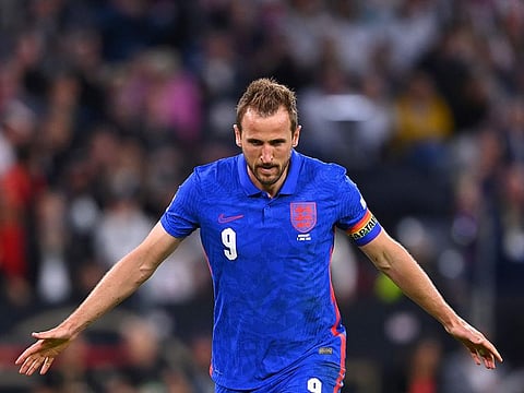 England’s Harry Kane celebrates after scoring against Germany at the Allianz Arena, in Munich, Germany, Tuesday, June 7, 2022.