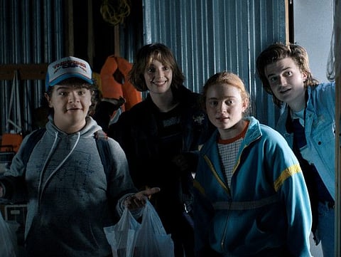 From left, Gaten Matarazzo as Dustin, Maya Hawke as Robin, Sadie Sink as Max and Joe Keery as Steve in Season 4 of "Stranger Things." MUST CREDIT: Netflix