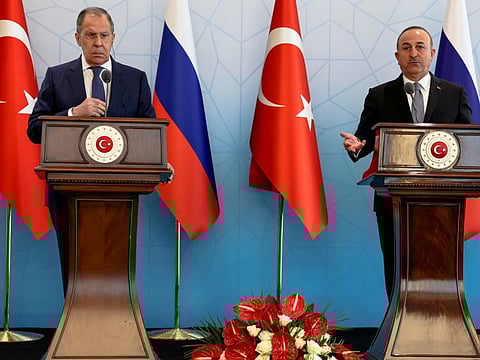 Russian Foreign Minister Sergei Lavrov and Turkish Foreign Minister Mevlut Cavusoglu attend a news conference as they meet in Ankara, Turkey June 8, 2022.