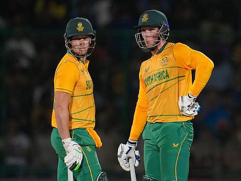 Epic chase: David Miller (left) and Rassie van der Dussen during their match-winning partnership against India on Thursday.