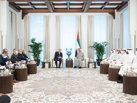 President His Highness Sheikh Mohamed bin Zayed Al Nahyan with Israeli Prime Minister Naftali Bennett at Al Shati Palace in Abu Dhabi.