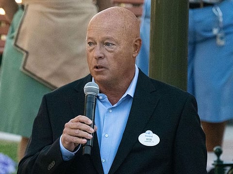Bob Chapek, chief executive officer of Walt Disney Co., speaks during the reopening of the Disneyland theme park in Anaheim, Calif., on April 30, 2021.