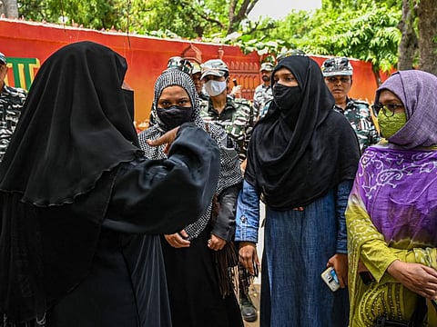 Activists of All India Majlis-e-Ittehadul Muslimeen (AIMIM) assemble for a protest against Bharatiya Janata Party's (BJP) former spokespersons Nupur Sharma and Naveen Jindal in New Delhi on June 9, 2022.