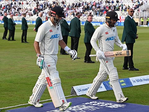 New Zealand's Daryl Mitchell (left) and Tom Blundell leave unbeaten at the end of play on the first day of the second Test match against England at Trent Bridge cricket ground in Nottingham, central England.