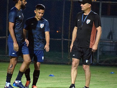 Indian football team captain Sunil Chhetri along with teammate Sandesh Jhingan and coach Igor Stimac during a practice session, at the Salt Lake Stadium, in Kolkata.