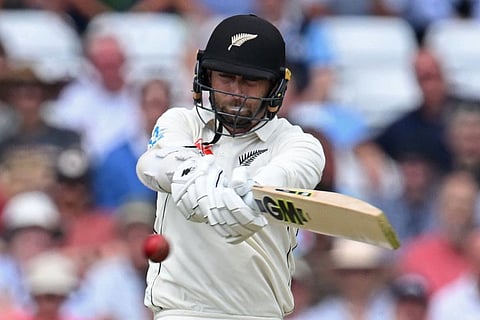 New Zealand's Devon Conway plays a shot on the first day of the second Test against England at Trent Bridge cricket ground in Nottingham, central England.