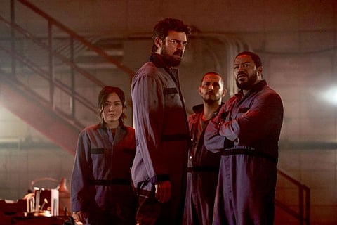 From left, Karen Fukuhara as Kimiko, Karl Urban as Billy Butcher, Tomer Capone as Frenchie and Laz Alonso as Mother's Milk in 'The Boys'.