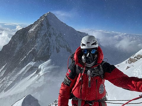 Norwegian mountainer Kristin Harila on route to summit Mount Everest (height 8848 meters).