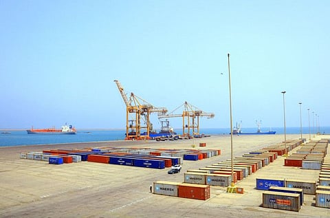 A picture taken on May 28, 2022, shows loading docks at the port of Yemen's Red Sea coastal city of Hodeida, around 230 kilometres west of the capital. (Photo by AFP)