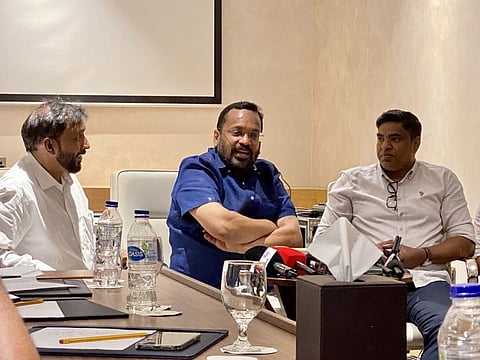 Kerala’s revenue minister K. Rajan at a press meet in Dubai on Monday.