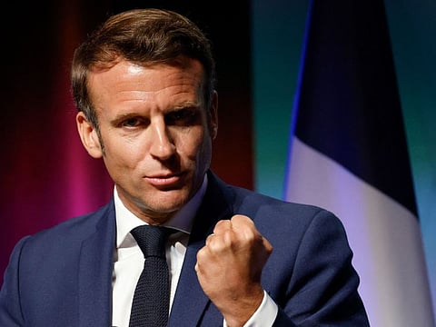 French President Emmanuel Macron delivers a speech during the opening of the Eurosatory land and airland defence and security trade fair, at the Paris-Nord Villepinte Exhibition Centre in Villepinte, north of Paris, on June 13, 2022.