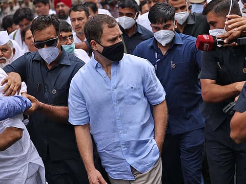 Congress leader Rahul Gandhi accompanied by party leaders and supporters marches towards Enforcement Directorate (ED) office to appear before it in connection with the National Herald case, in New Delhi on Monday, June 13, 2022.