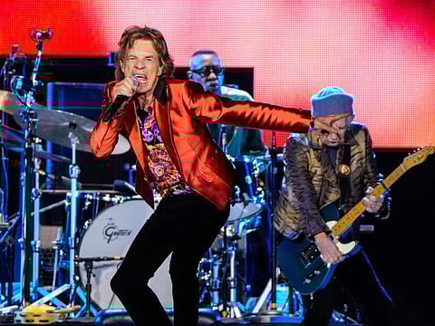 Mick Jagger, centre, and Keith Richards, right, of the band the Rolling Stones, perform during their Sixty Stones Europe 2022 tour at the Wanda Metropolitano stadium in Madrid, Spain, Wednesday, June 1, 2022.