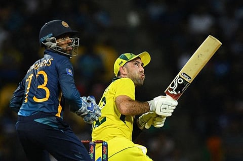 Australia's Glenn Maxwell plays a switch hit during his unbeaten 80 during the first One Day International against Sri Lanka in Kandy on Tuesday.