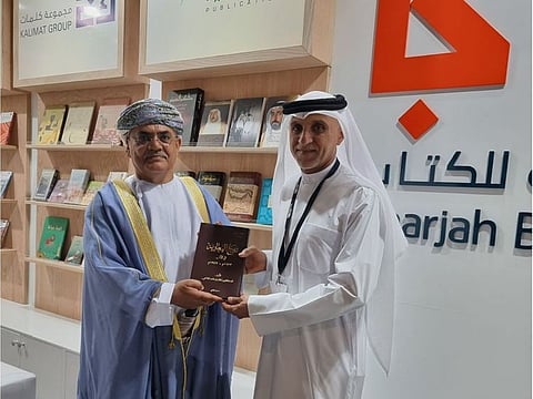 Mohamed Mehdi Bensaid presented a copy of Dr Sheikh Sultan’s 'The History of Al Ya’ariba in Oman' to Dr Said Mohammed Al Bar’ami at Rabat International Book Fair 2022.