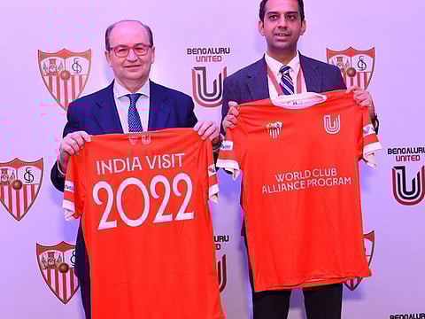 Left: Jose Manuel Castro, President of Sevilla FC with Gaurav Manchanda, owner of FC Bengaluru United, during visit of India last week.