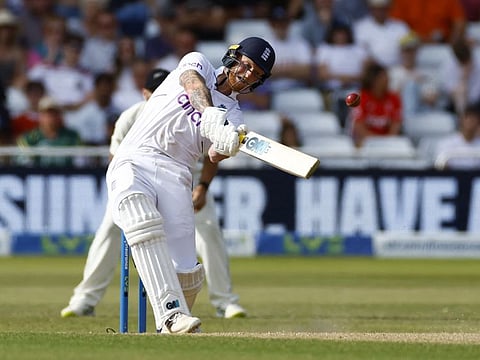 England's Ben Stokes hits a six off the bowling of New Zealand's Trent Boult.