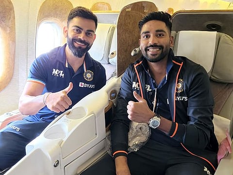 Star Indian batter Virat Kohli and pacer Mohammed Siraj en route to England.