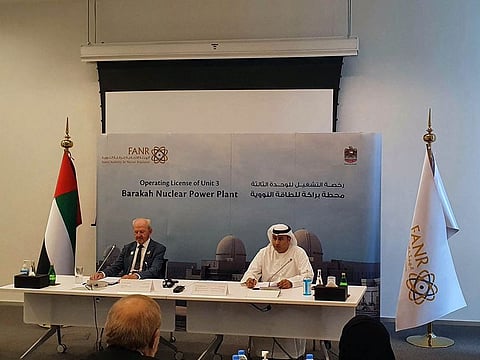 Hamad Al Kaabi, UAE permanent representative to the International Atomic Energy Agency (IAEA) and deputy chairman of the Federal Authority for Nuclear Regulation (FANR) and Christer Viktorsson, FANR director general, address a press conference in Abu Dhabi on Friday
Photo credit: Samihah Zaman, Senior Reporter