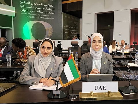 Sarah Mohammed Falkinaz and Mira Sultan Al Suwaidi, FNC members, at the eighth Global Conference for Young Parliamentarians in Egypt.