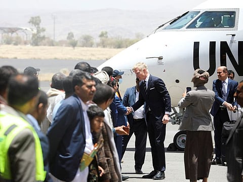 Hans Grundberg meets members of the Al Houthi movement upon his arrival at the Sana'a International Airport, on June 8, 2022.