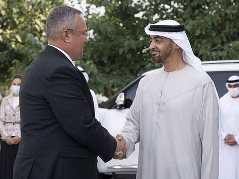 President His Highness Sheikh Mohamed bin Zayed Al Nahyan receives Romanian Prime Minister Nicolae Ciuc.