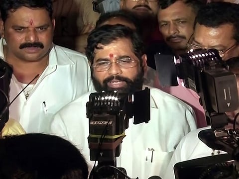 Shiv Sena leader Eknath Shinde speaks to the media, in Surat on Wednesday