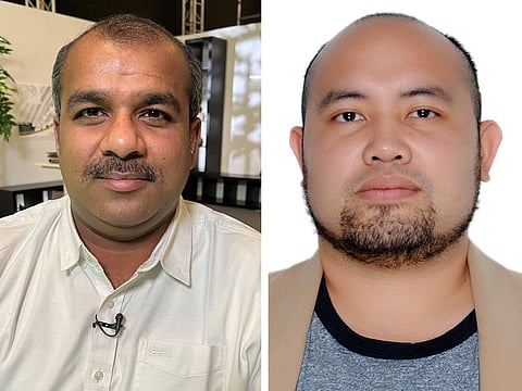 Indian Sanu MS (left) and Filipino Jan Christopher Villaver Bolinas, two of the latest winners of Dh77,777 in the latest round of Emirates Draw in Dubai.