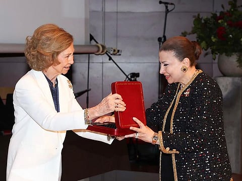 Huda Alkhamis-Kanoo, founder of the Abu Dhabi Music and Arts Foundation, receiving Medal of Honour from Queen Sofia of Spain in Madrid on June 23