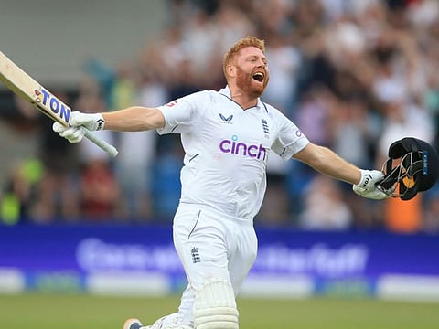 England's Jonny Bairstow celebrates after reaching his century during the second day o the third Test against New Zealand at Headingley on Friday.