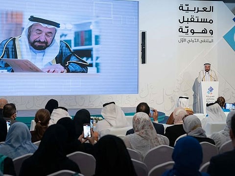 Dr Sheikh Sultan speaking on Saturday at the opening ceremony of the First International Forum for Arabic Teachers in Sharjah