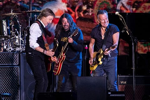 Paul McCartney, from left, Dave Grohl and Bruce Springsteen perform at Glastonbury Festival in Worthy Farm, Somerset, England, Saturday, June 25, 2022.