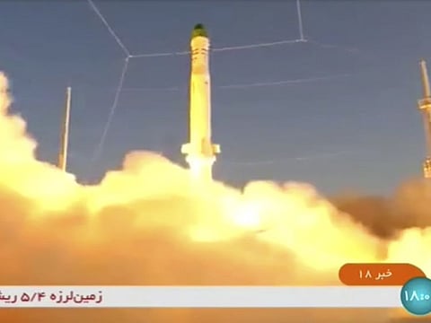 An Iranian satellite-carrier rocket, called “Zuljanah,” blasting off from an undisclosed location in Iran.