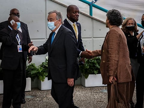 United Nations (UN) Secretary General Antonio Guterres arrives for the UN Ocean Conference at Altice Arena in Lisbon on June 27, 2022.