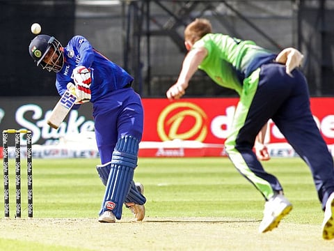 India's Deepak Hooda (left) plays a lofted drive during his maiden century in the second Twenty20 International against Ireland at Malahide Cricket Club on Tuesday.