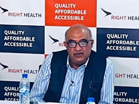 Dr. Sanjay Paithankar, managing director of Right Health Group, addressing the press conference on the Indo-Arab Conference on Medicine in Dubai on Tuesday.