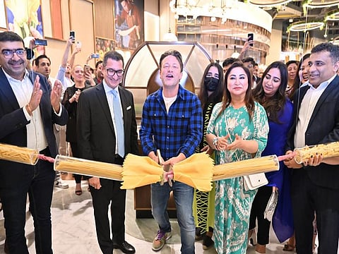 Renowned chef Jamie Oliver launched Jamie’s Italian at Dubai Mall. Italian Consul General in Dubai Giuseppe Finocchiaro, and Apparel Group Chairwoman and Founder, Sima Ganwani Ved were also present