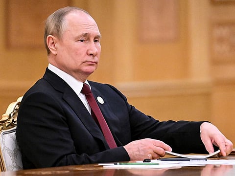 Russian President Vladimir Putin attends a meeting on the sidelines of the Caspian Sea littoral states summit in Ashgabat, Turkmenistan, Wednesday, June 29, 2022.