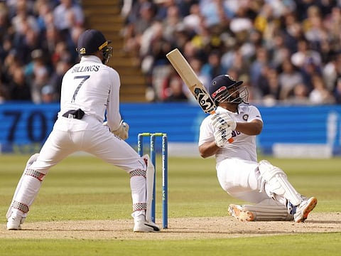 Cricket - Fifth Test - England v India - Edgbaston, Birmingham, Britain - July 1, 2022
India's Rishabh Pant hits four runs off the bowling of England's Jack Leach Action Images via Reuters/Jason Cairnduff