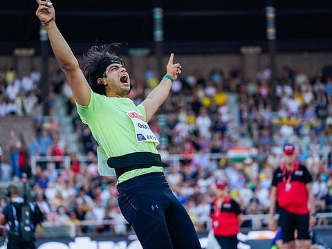 Neeraj Chopra exults after throwing the javelin to 89.94 metres in his first attempt in Stockholm Golden League on Thursday.