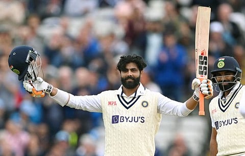 India's Ravindra Jadeja celebrates his century during the second day of 5th Test match against England, at Edgbaston Stadium, in Birmingham.