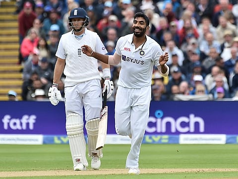 India's stand-in captain Jasprit Bumrah celebrates after dismissing England's Ollie Pope during second day of the fifth Test match at Edgbaston in Birmingham on Saturday.